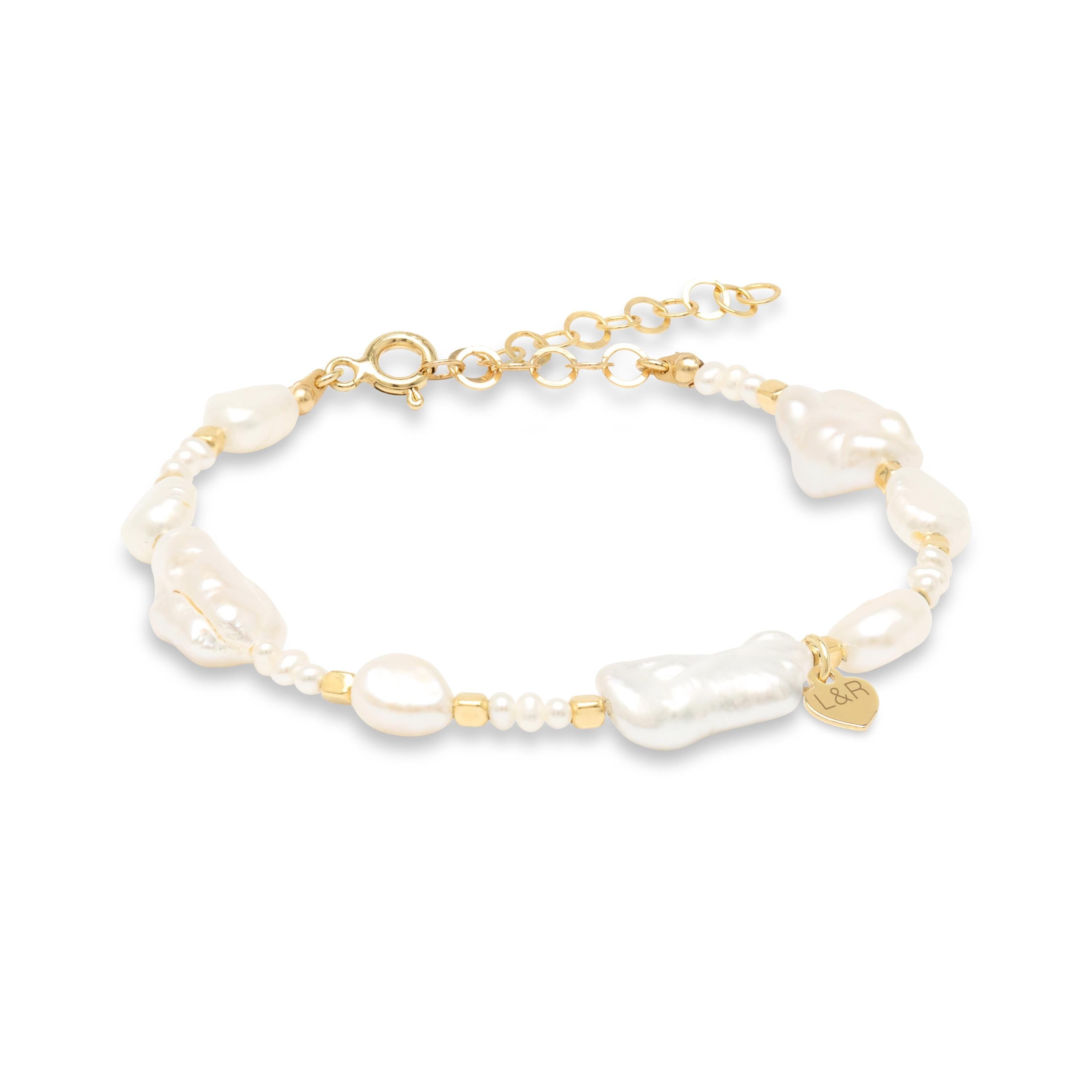 Personalized Freshwater Pearl Bracelet, Handmade and Gold-Plated 925 silver, with Engraved Charm, Bridal & Bridesmaid Jewelry
