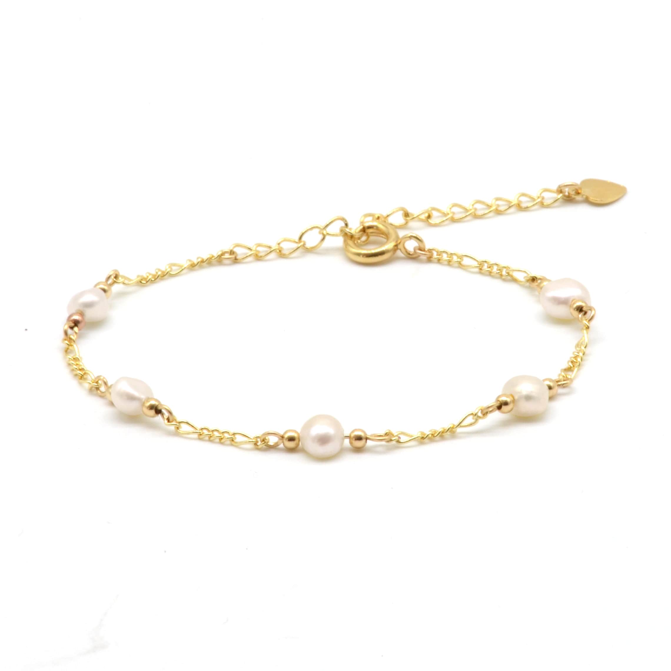 Anklet with Figaro necklace and 5 freshwater pearls, gold-plated