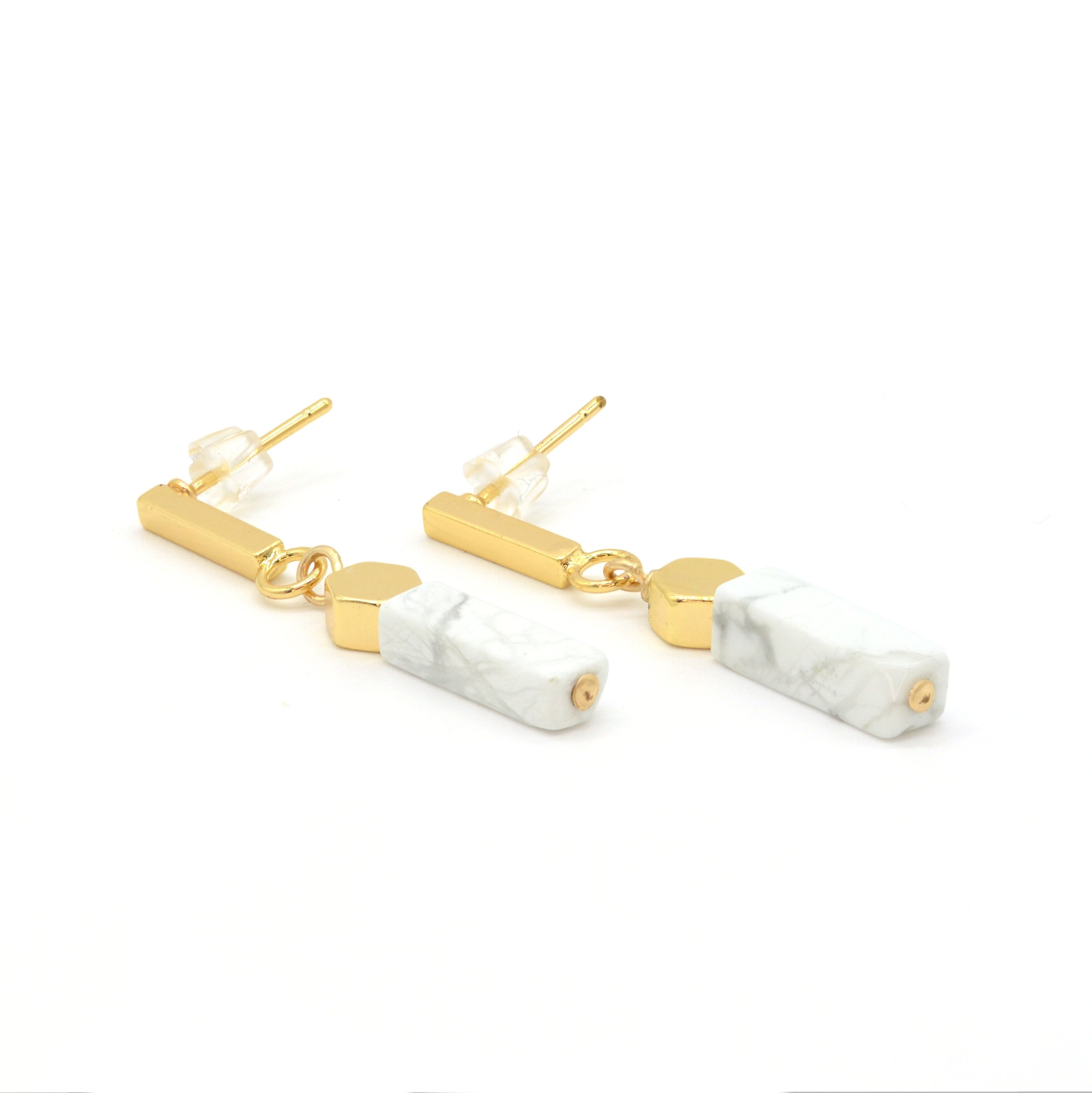 Geometrische Ohrringe gold mit Sechseck und Marmorrechteck