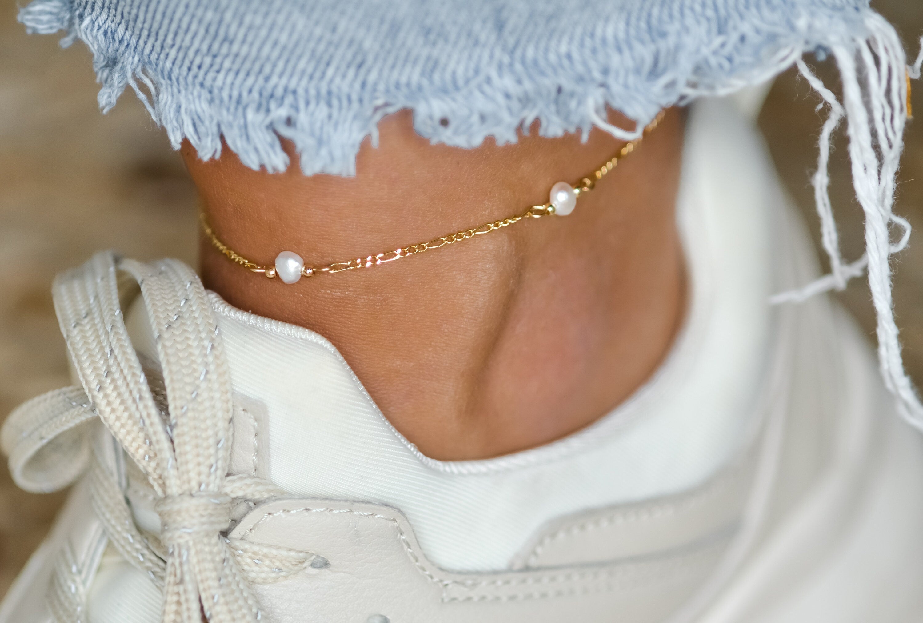 Anklet with Figaro necklace and 5 freshwater pearls, gold-plated